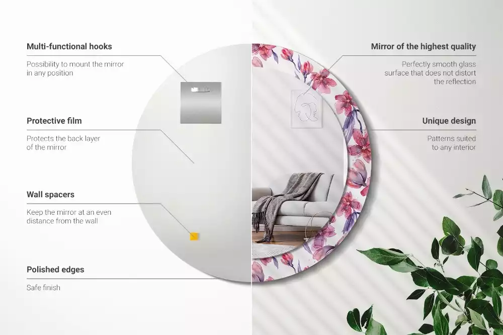 Oglindă rotundă ramă cu imprimeu Flori acuarelă