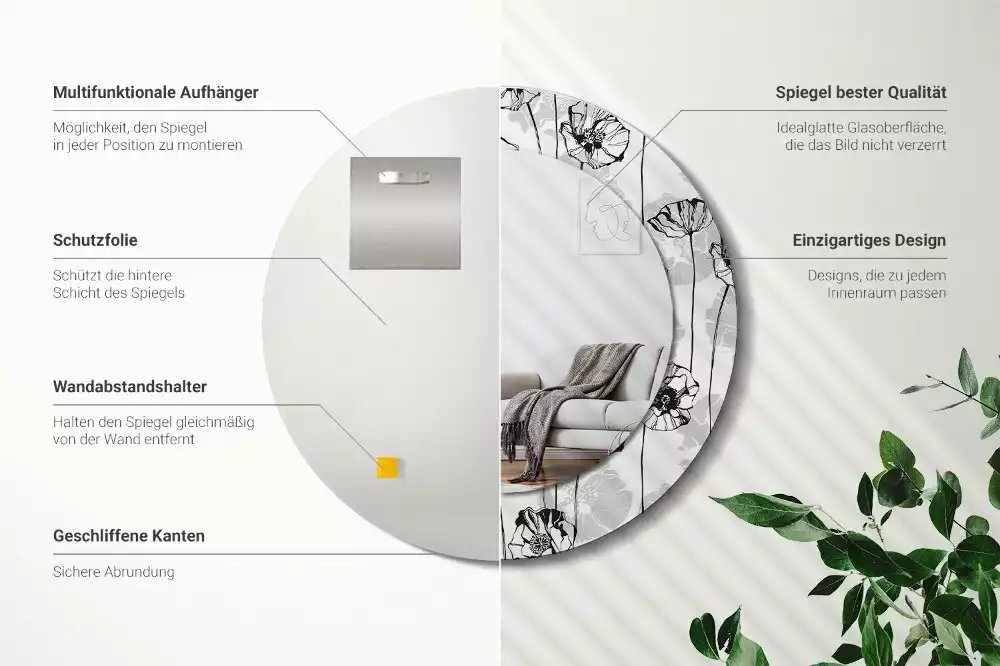 Oglindă rotundă ramă cu imprimeu Macuri flori