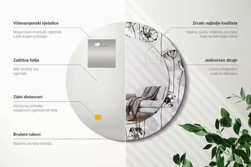 Oglindă rotundă ramă cu imprimeu Macuri flori