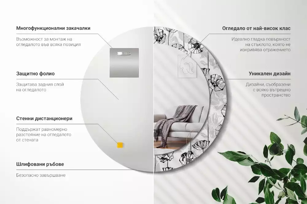 Oglindă rotundă ramă cu imprimeu Macuri flori