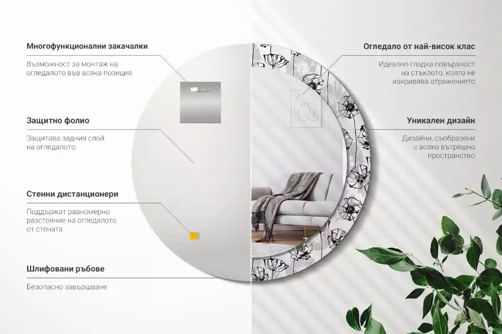 Oglindă rotundă ramă cu imprimeu Macuri flori