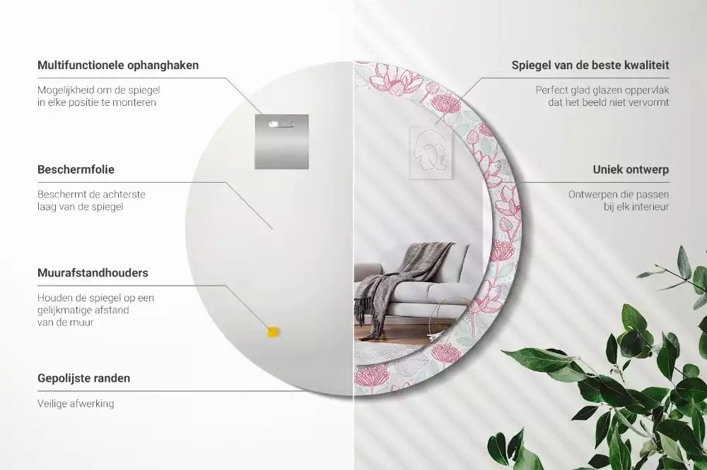 Oglindă rotundă imprimată Flori