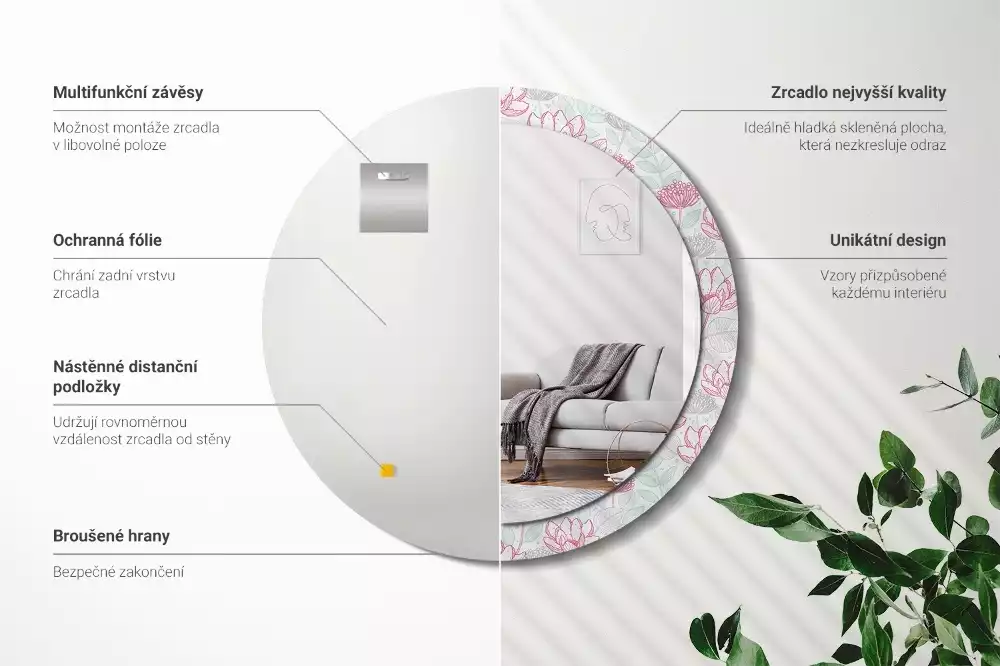 Oglindă rotundă imprimată Flori