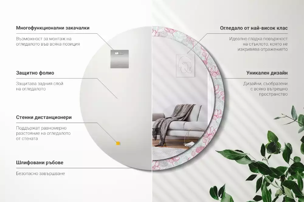 Oglindă rotundă imprimată Flori