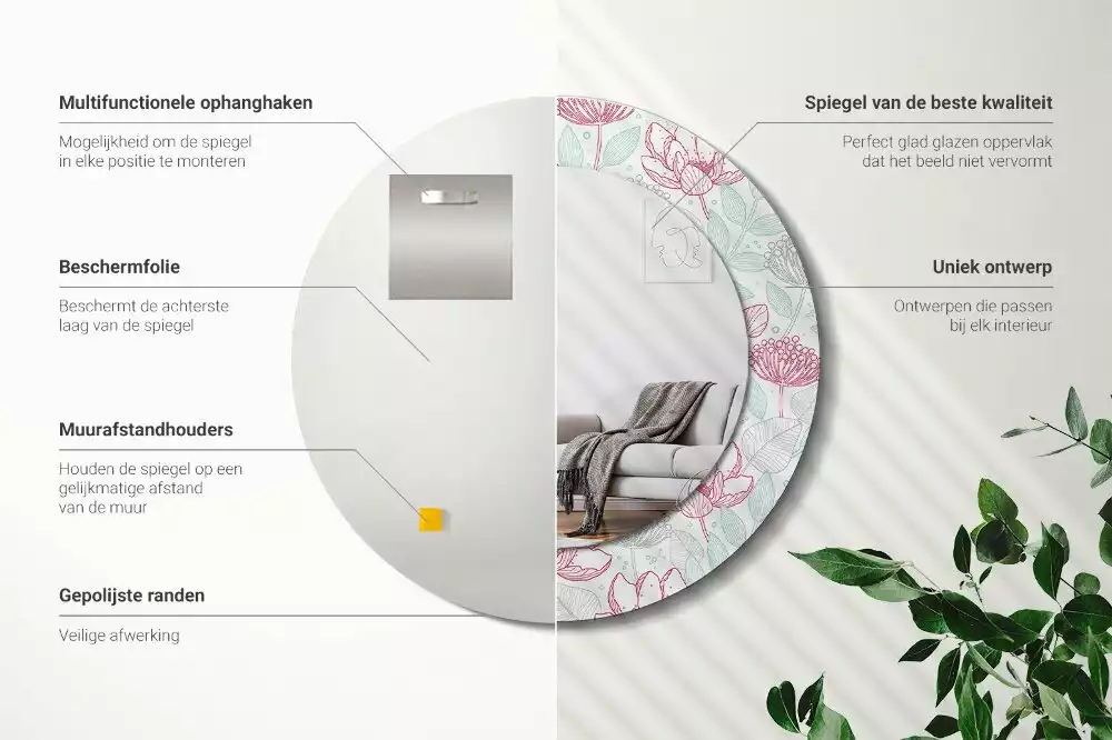 Oglindă rotundă imprimată Flori