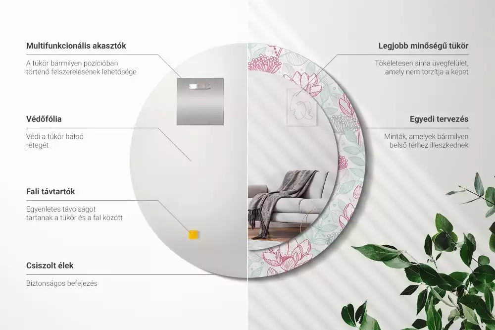 Oglindă rotundă imprimată Flori