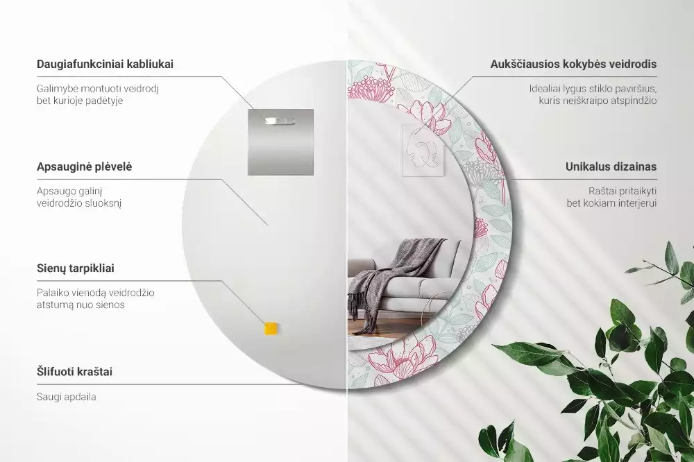 Oglindă rotundă imprimată Flori