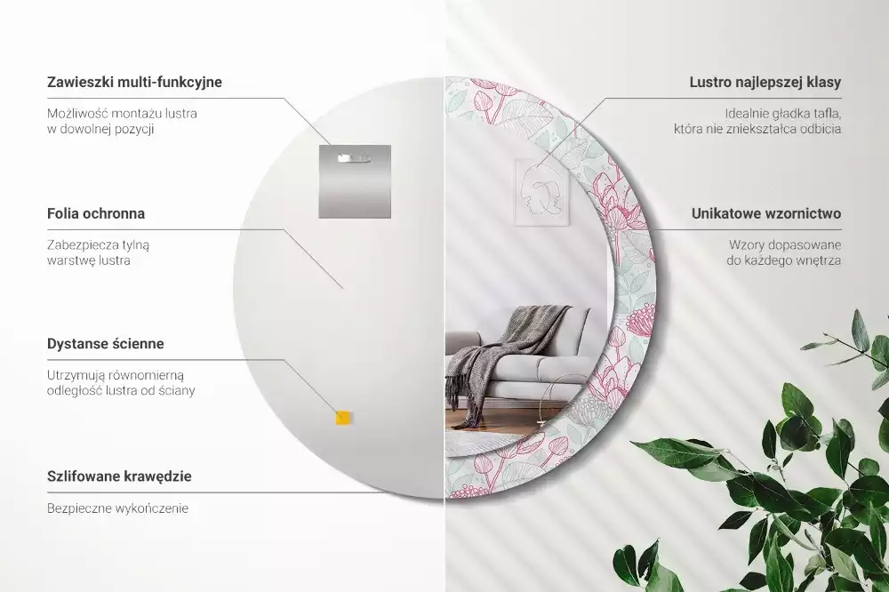 Oglindă rotundă imprimată Flori