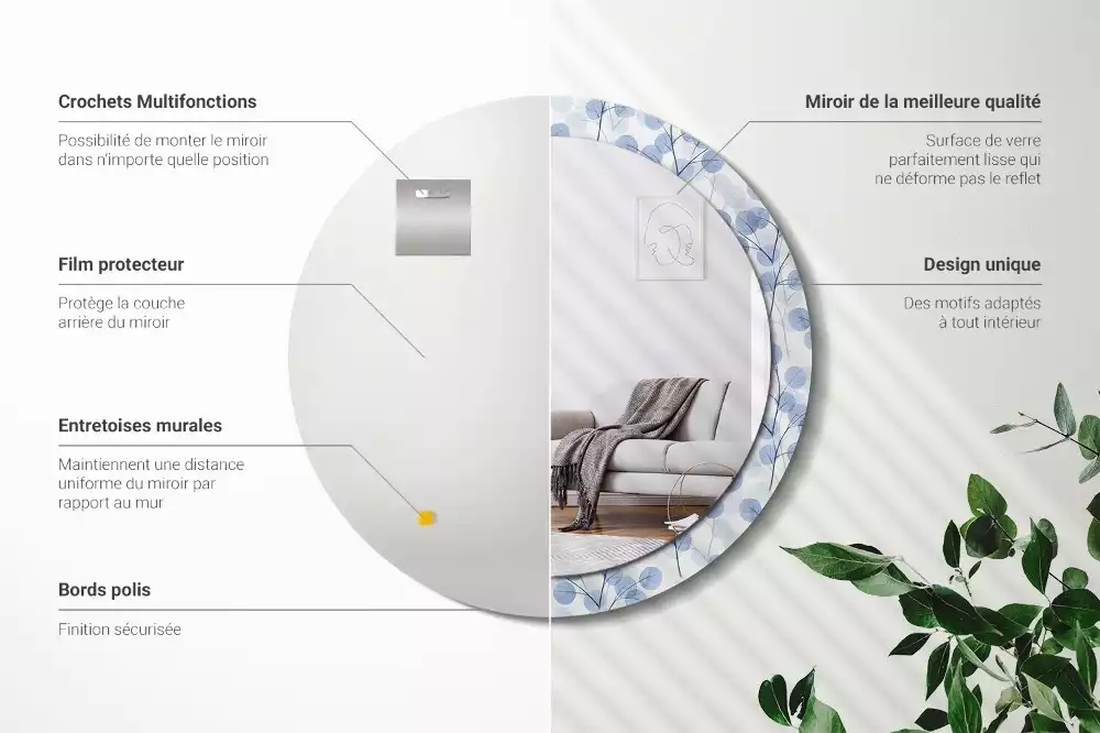 Oglindă rotundă ramă cu imprimeu Ramuri frunze