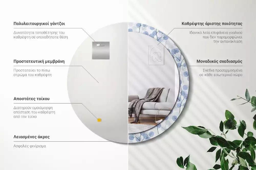 Oglindă rotundă ramă cu imprimeu Ramuri frunze