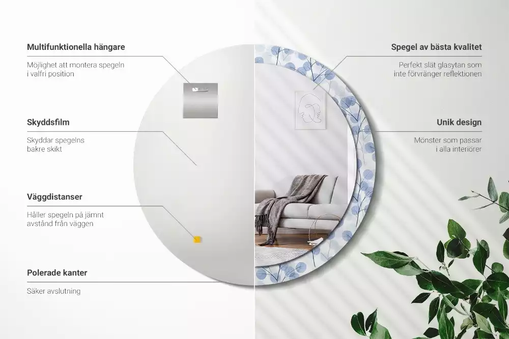 Oglindă rotundă ramă cu imprimeu Ramuri frunze