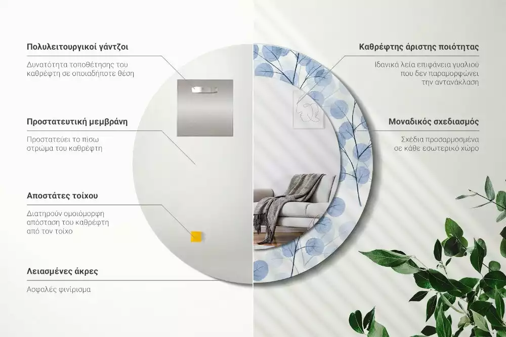 Oglindă rotundă ramă cu imprimeu Ramuri frunze