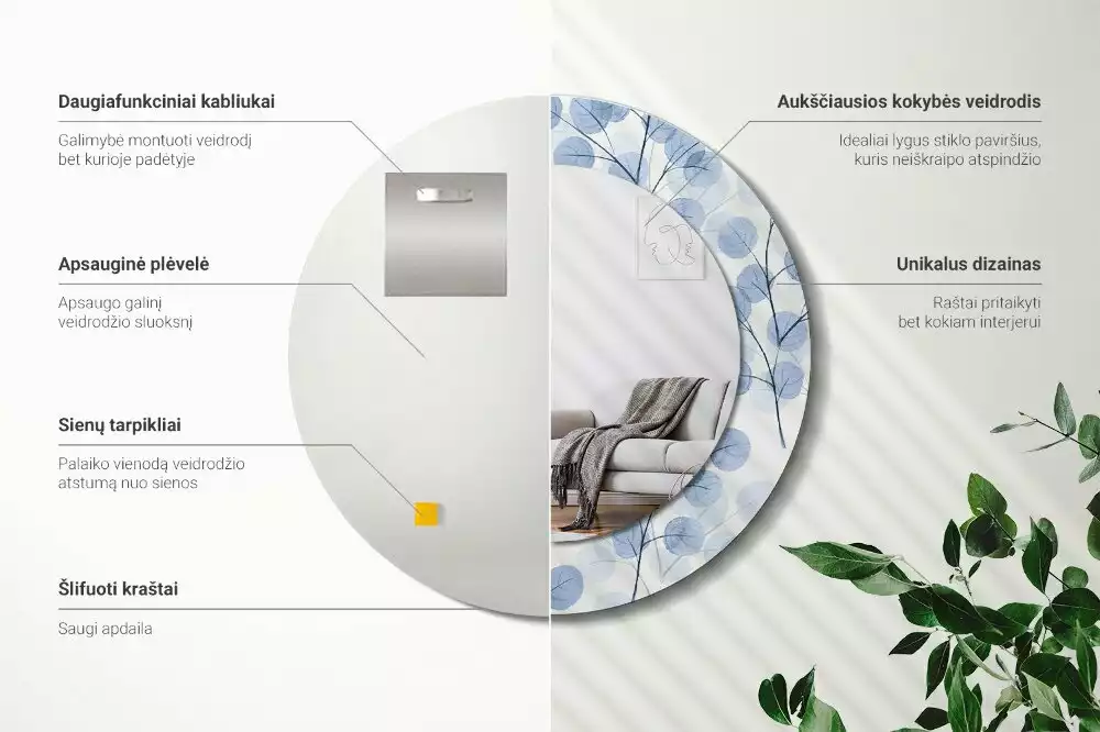 Oglindă rotundă ramă cu imprimeu Ramuri frunze