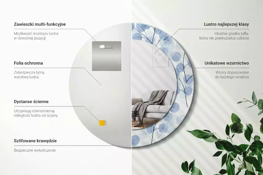 Oglindă rotundă ramă cu imprimeu Ramuri frunze