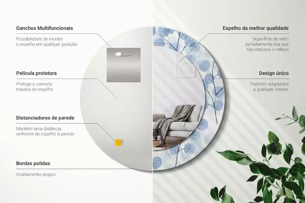 Oglindă rotundă ramă cu imprimeu Ramuri frunze