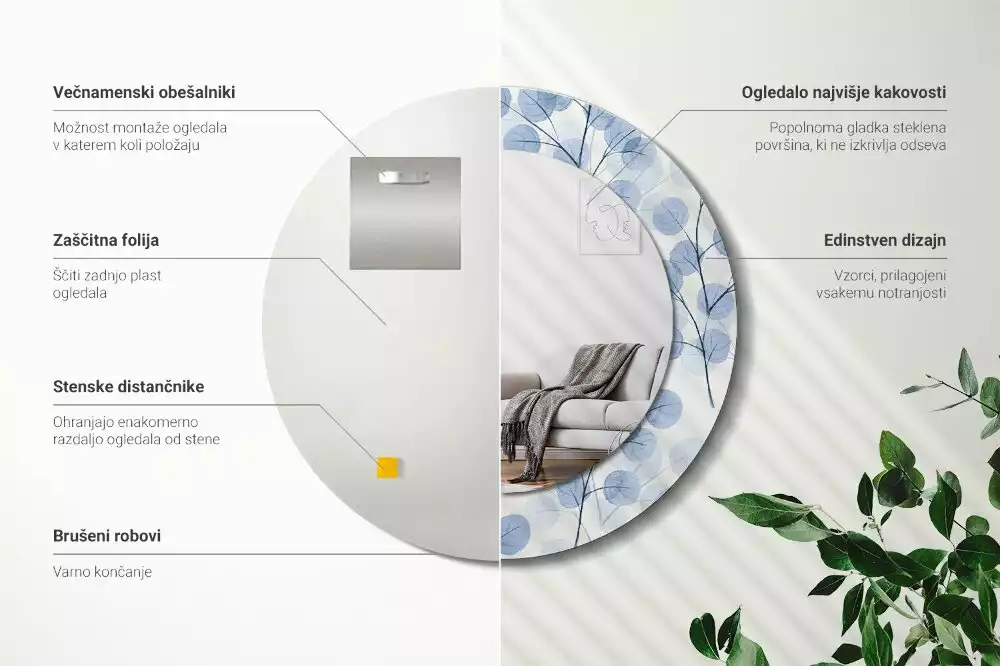 Oglindă rotundă ramă cu imprimeu Ramuri frunze