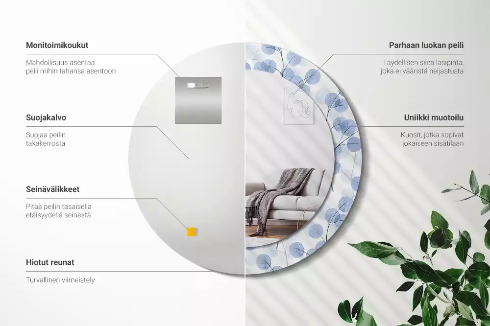 Oglindă rotundă ramă cu imprimeu Ramuri frunze