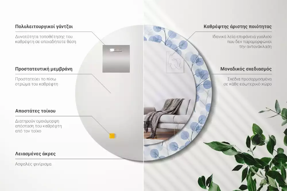 Oglindă rotundă ramă cu imprimeu Ramuri frunze