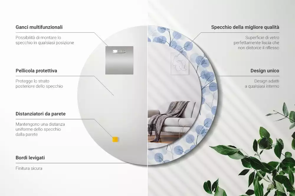 Oglindă rotundă ramă cu imprimeu Ramuri frunze