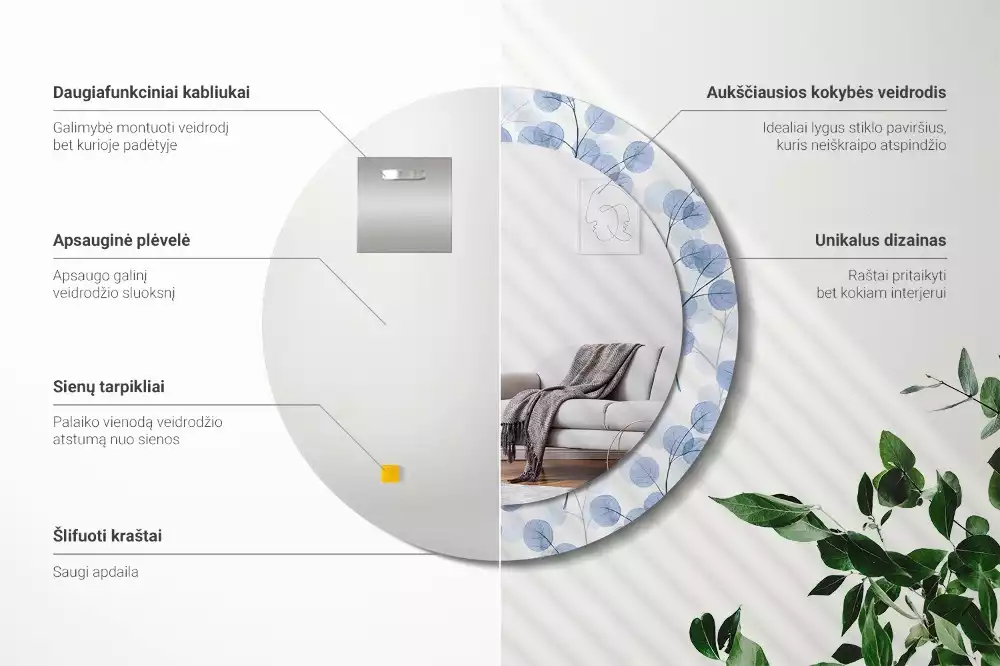 Oglindă rotundă ramă cu imprimeu Ramuri frunze