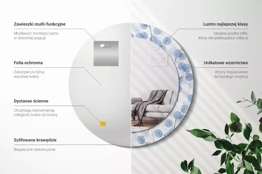 Oglindă rotundă ramă cu imprimeu Ramuri frunze