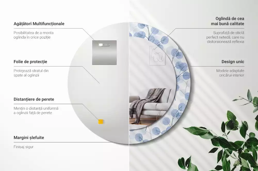 Oglindă rotundă ramă cu imprimeu Ramuri frunze