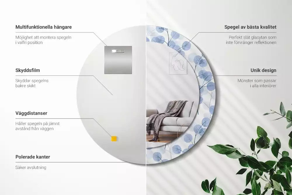 Oglindă rotundă ramă cu imprimeu Ramuri frunze