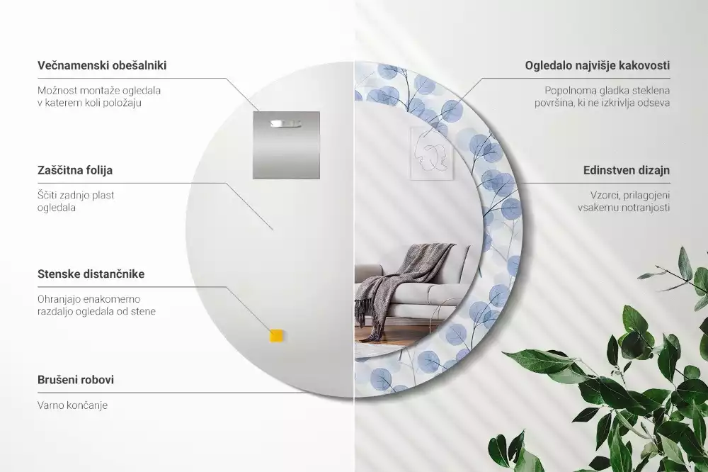 Oglindă rotundă ramă cu imprimeu Ramuri frunze