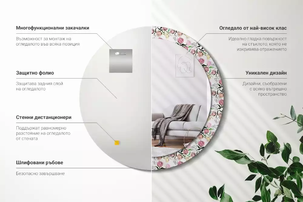 Oglindă rotundă imprimată Boboci de bujor