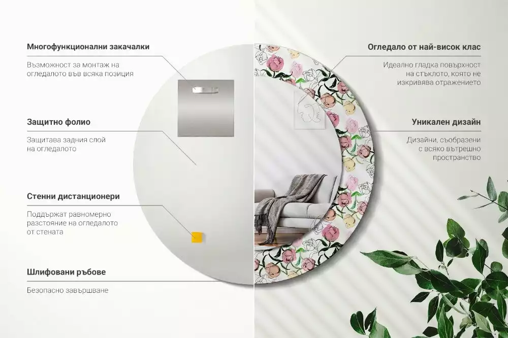 Oglindă rotundă imprimată Boboci de bujor