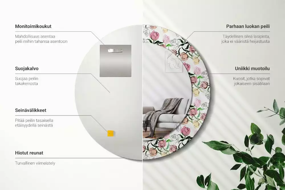 Oglindă rotundă imprimată Boboci de bujor