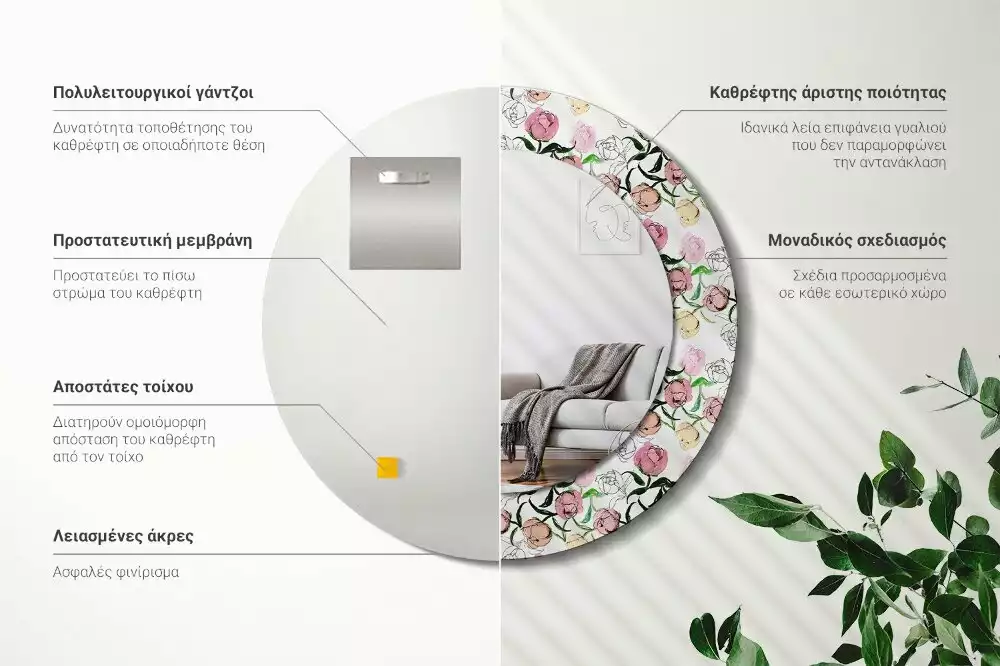 Oglindă rotundă imprimată Boboci de bujor