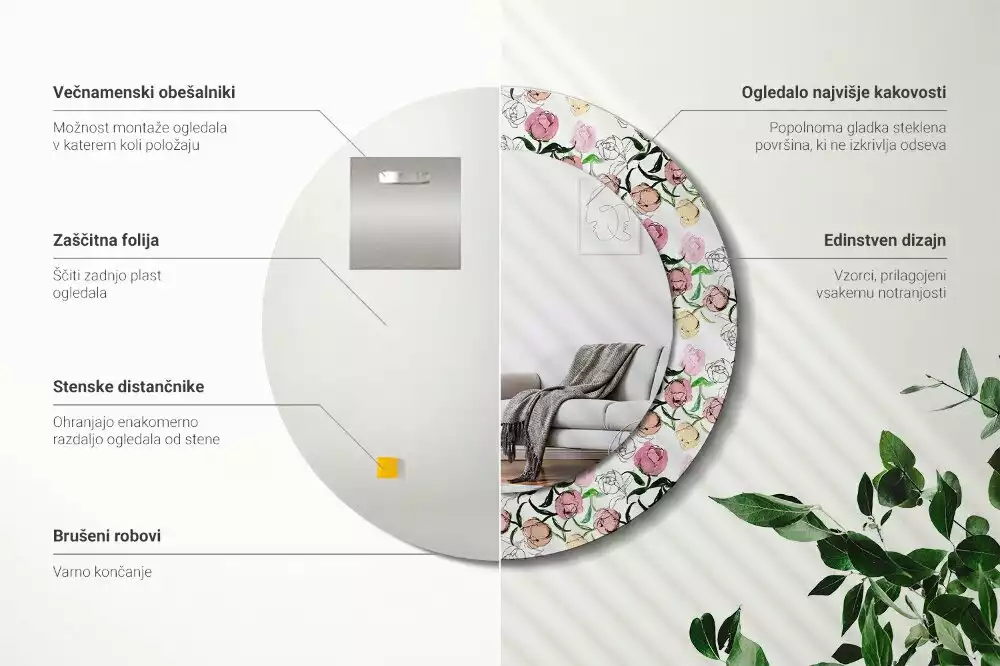 Oglindă rotundă imprimată Boboci de bujor