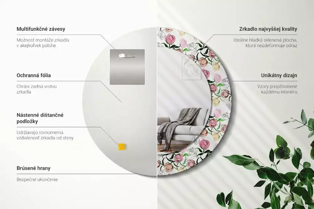 Oglindă rotundă imprimată Boboci de bujor