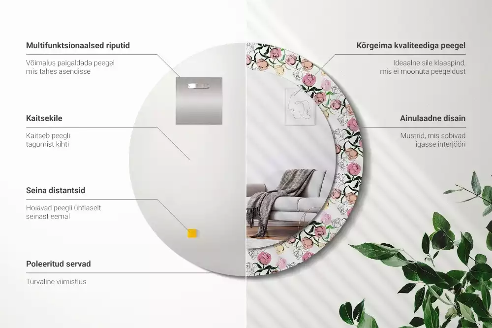 Oglindă rotundă imprimată Boboci de bujor