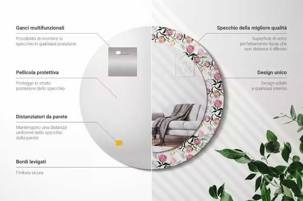 Oglindă rotundă imprimată Boboci de bujor