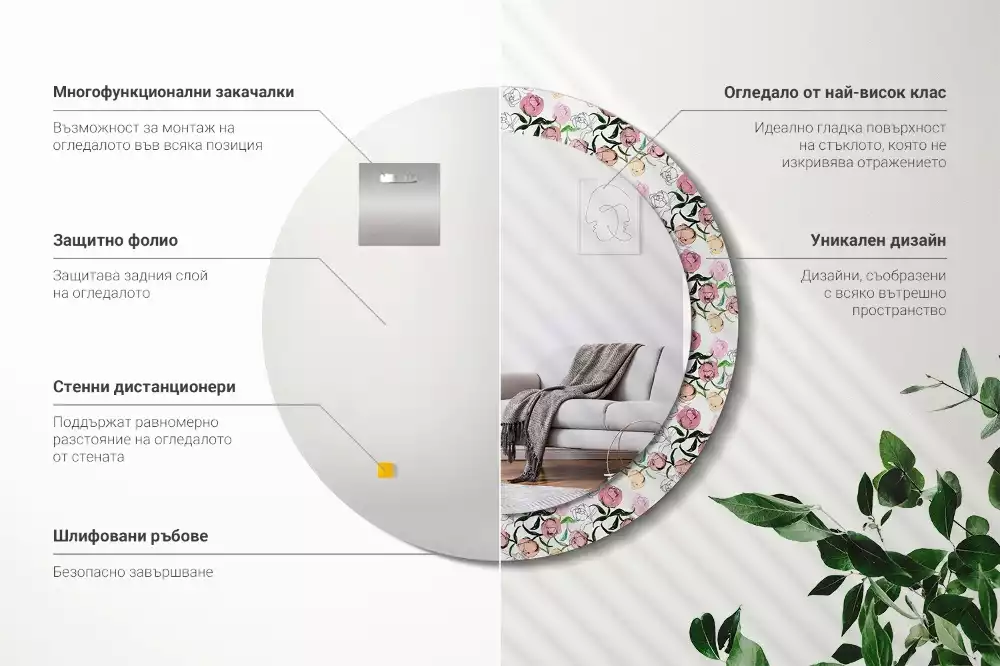 Oglindă rotundă imprimată Boboci de bujor