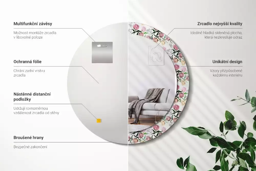 Oglindă rotundă imprimată Boboci de bujor