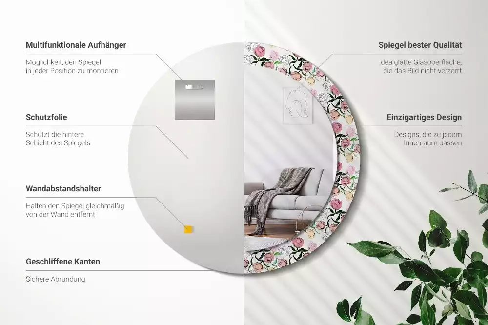 Oglindă rotundă imprimată Boboci de bujor