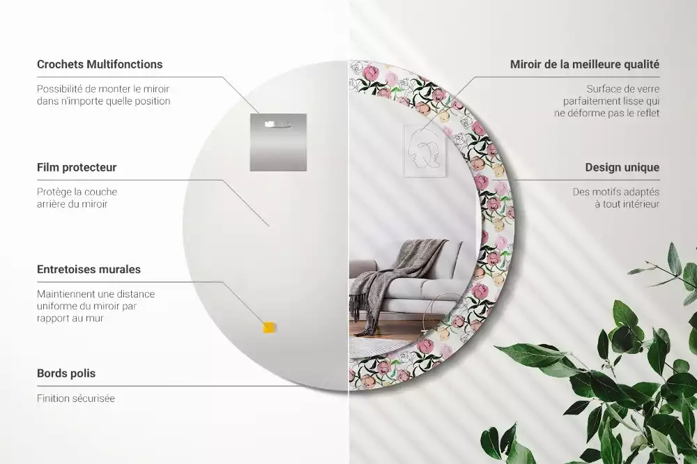 Oglindă rotundă imprimată Boboci de bujor