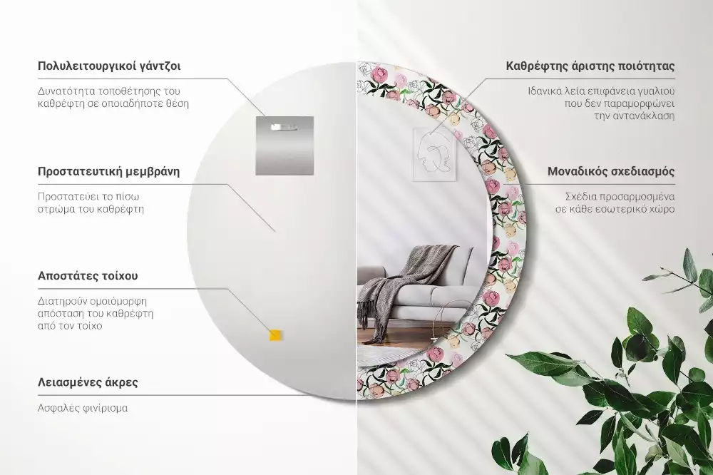 Oglindă rotundă imprimată Boboci de bujor