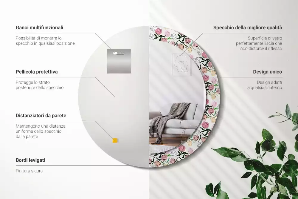 Oglindă rotundă imprimată Boboci de bujor