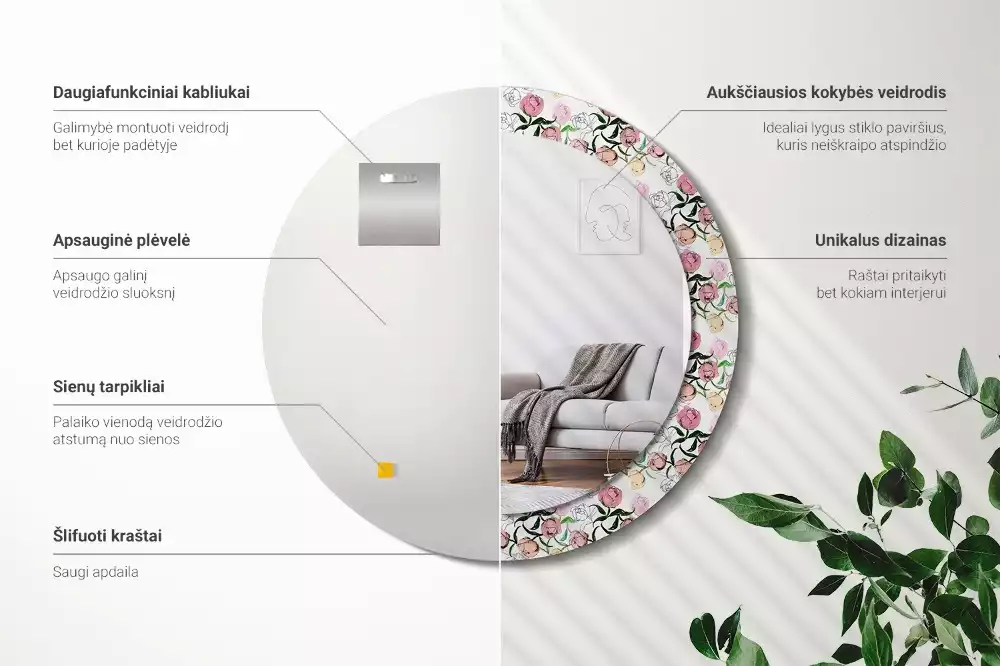 Oglindă rotundă imprimată Boboci de bujor