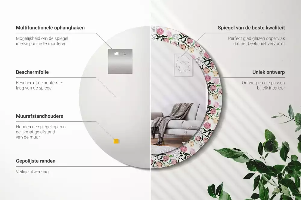 Oglindă rotundă imprimată Boboci de bujor