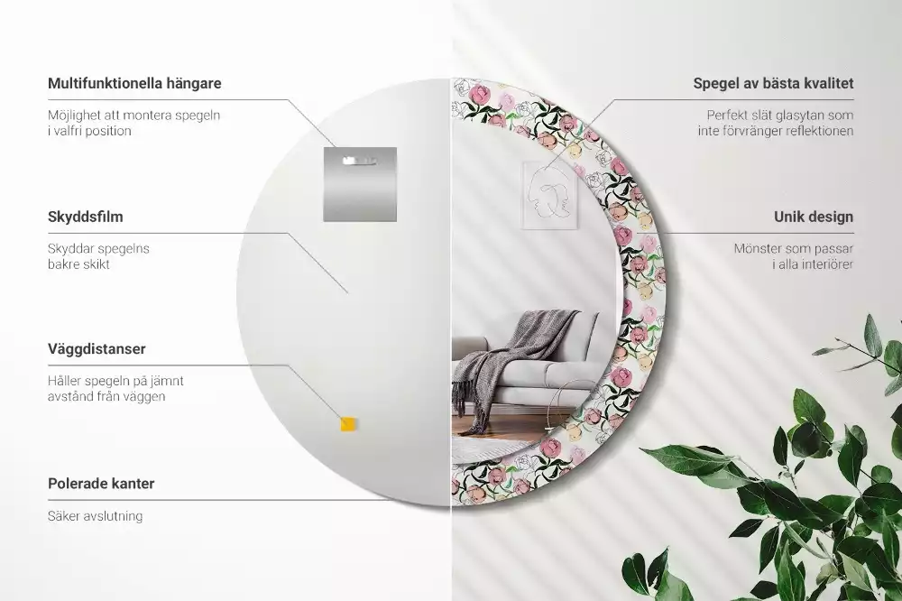 Oglindă rotundă imprimată Boboci de bujor