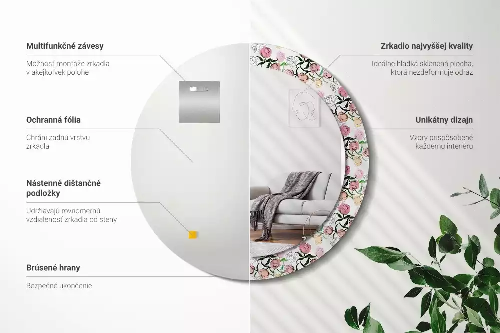 Oglindă rotundă imprimată Boboci de bujor