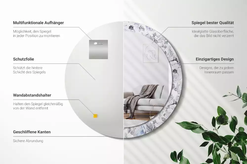 Oglindă rotundă ramă cu imprimeu Trandafiri albaștri