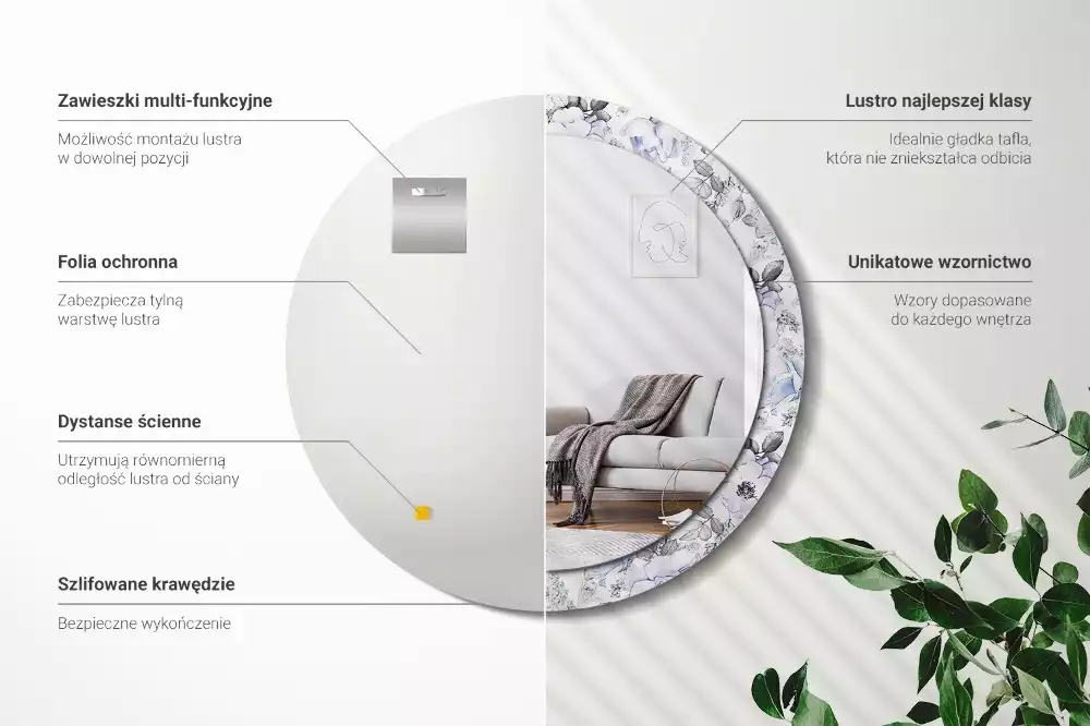 Oglindă rotundă ramă cu imprimeu Trandafiri albaștri