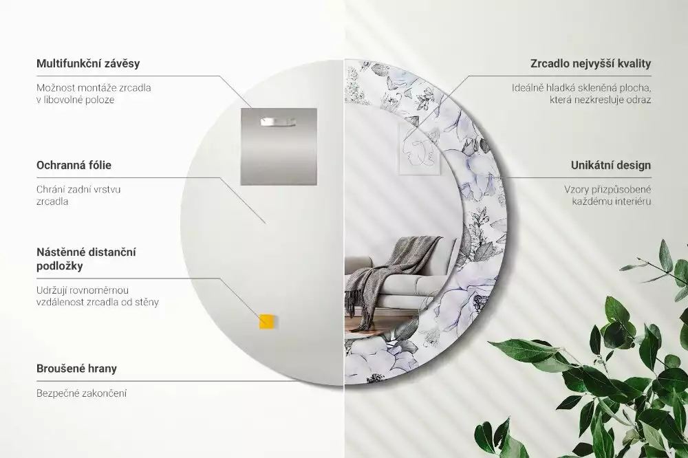 Oglindă rotundă ramă cu imprimeu Trandafiri albaștri