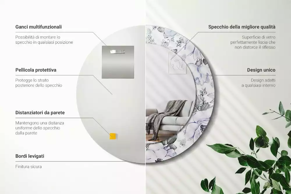 Oglindă rotundă ramă cu imprimeu Trandafiri albaștri